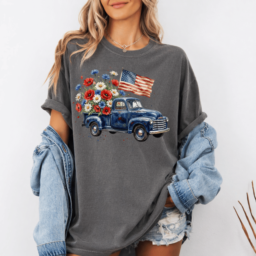 USA Flag Retro Truck Comfort Colors Shirt – 4th of July Country Style Gift for Her, Patriotic Tee - lifestyle view